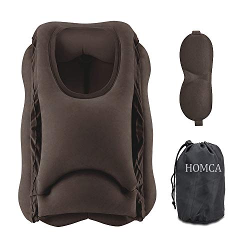HOMCA Travel Pillow, Portable Head Neck Rest Inflatable Pillow, Design for Airplanes, Cars, Buses, Trains, Office Napping, Camping - Includes Free Eye Mask (Brown)