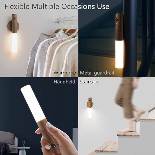 Image of Night Light Motion Sensor Light Indoor Led Magnetic Portable Lamp No Plug USB Charge Wall Lamp for Hallway Bedroom Wardrobe Table Stairwell Cabinet Kitchen etc,Walnut