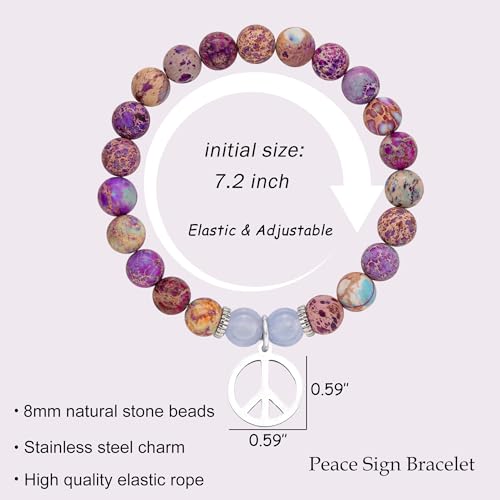 LINY Natural Stone Beaded Peace Bracelet Peace Sign Charm Bracelets for Women Peace Lover Gifts (Peace Sign Bracelet-Colorful)