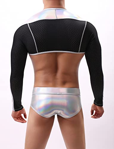 SEAUR Men's Shiny Metallic Sleeveless Half Tank Top Sexy Sparkly Arm Sleeves Shrug Muscle Workout Sports Tops Clubwear3