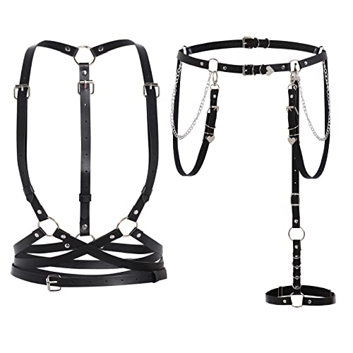 Sucrain Punk Waist Belt Women Pu Leather Body Adjustable Belts With Gothic Circle Leg Strap(1 Waist Belt, 1 Vest Belt, 1 Leg Belt) #TOP1