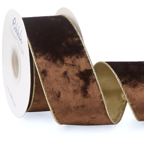 Image of Ribbli Brown Velvet Wired Ribbon 2.5 Inch Metallic Brown Gold Crushed Velvet Christmas Ribbon for Gift Wrapping Christmas Tree Decoration Crafts Wreaths Supplies-Continuous 10 Yards