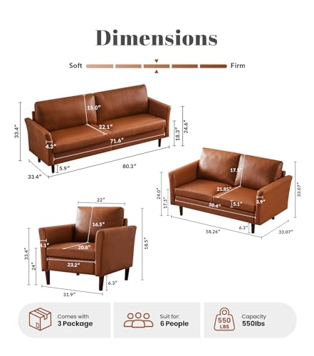 Image of Kingfun 3 Piece Living Room Furniture Sets, 3 Seater Couch, Loveseat and Armchair, Faux Leather Couch Set, Mid Century Modern Sofa Set with Solid Wood Frame for Living Room, Office, Dark Brown