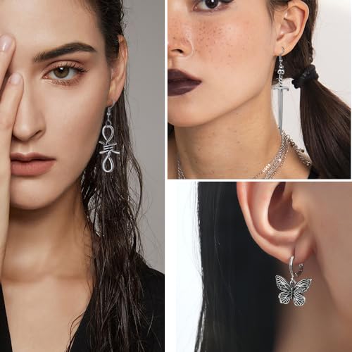 Gothic Earrings Set, Metal Punk Goth Vintage Silver Snake Spider Butterfly Dagger Dangle Drop Earrings for Women, Grunge Y2K Emo Jewelry Pack Party Costume Accessories (Style1)4
