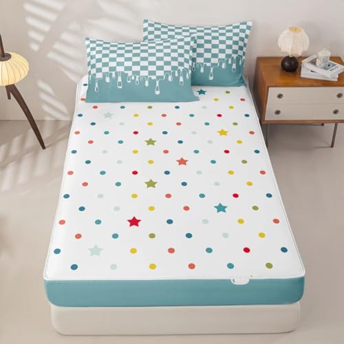 Image of Light Blue Checkered Full Lightweight Zipper Bedding Set,Checkerboard Drip 4 Piece Comforter with Fitted Sheet & Pillowcases,Indie Aesthetic Funky Modern Geometric All Season for Kids Zip Up Blanket