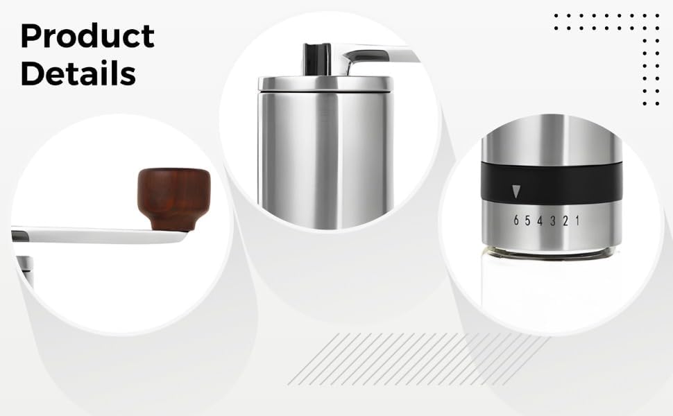 Manual Stainless Steel Coffee Grinder, Hand Crank Coffee Mill with 6 Adjustable Settings, Small Burr Grinder for Espresso, French Press, Pour Over, Travel, Camping and Whole Beans — view 4