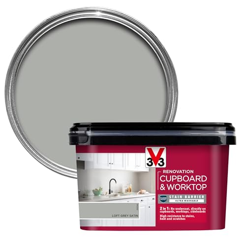 V33 Renovation Cupboard & Worktop Paint - No Undercoat Needed - High Resistance to Water Stains & Scratches - Ultra Washable - Loft Grey Satin 2L