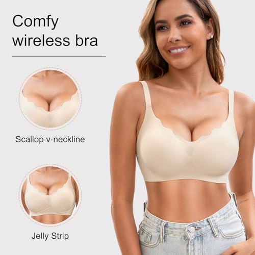 Image of Womens Seamless T-Shirt Bras 3 Pack Wireless Comfy Jelly Bra, Full Coverage Bralette No Show Under Clothes