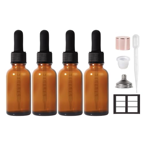 Dropper Bottle 1 oz 4 Pack Glass Droppers Bottle for Oils Eye Dropper Small Travel Oil Amber Dropper with 1 Funnel & 6 Labels - Essential Oils Bottles Tincture Bottles With Dropper Leakproof
