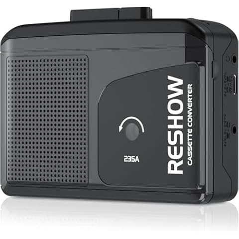 Reshow Walkman Cassette Player, Portable Cassette Tape Recorder, Audio Cassette to Digital Converter with Earphone Jack, Built-in Microphone, Loud Speaker, Reverse Recording to Tape-Black Cover