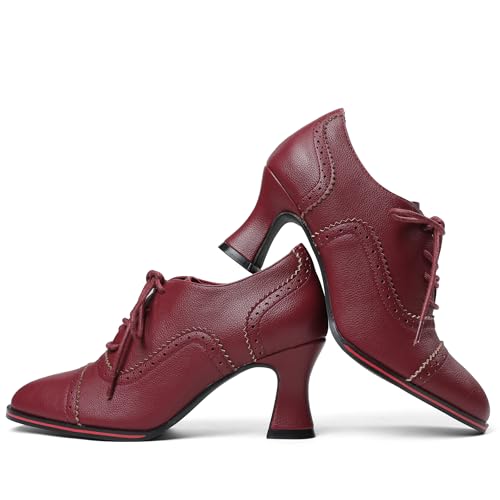 Yremael Women's Red Oxfords Dress Wingtip Vintage Comfortable Chunky High Heel Lace Up Brogues Booties — view 5