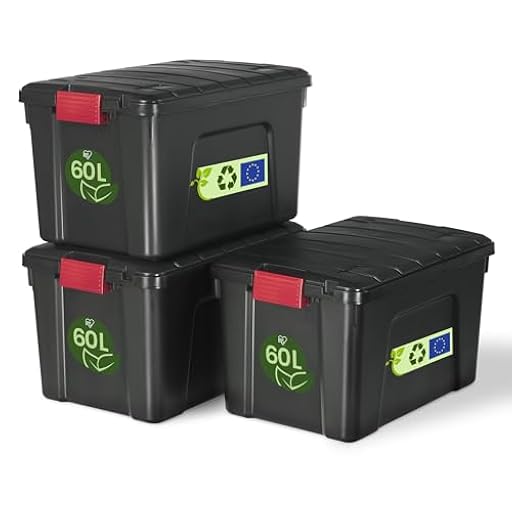 Iris Ohyama, Caja de almacenamiento de plástico grande, Caja de almacenamiento de garaje de 60 l, Lote de 3, SIA-60, Negro, Apilable, Clips de cierre- A59 x F39,5 x A35,5 cm | Ya disponible en tu tienda friki favorita! En mundofriki.es!