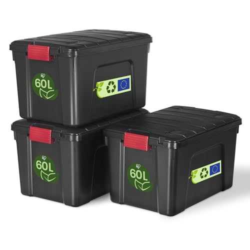 Iris Ohyama, Malle, Boîtes de rangement plastiques, avec couvercle et Cips de fermeture, 60L, Lot de 3, Empilables, Roues, Sans BPA, Grenier, Cabanon, Garage, SIA-60, Noir
