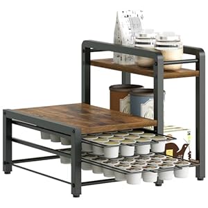Coffee Pod Holder, Coffee Pod Drawer, K Cup Holder, Coffee Pod Organizer with 2-Tier Sliding Storage Drawer and Countertop, Coffee Maker Stand, 56 Pods Capacity, Rustic Brown and Black KH01BR