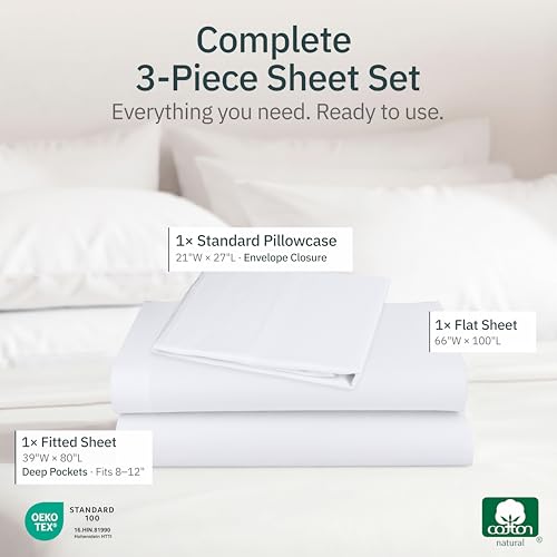 Image of Super Soft 100% Cotton Twin XL Sheet Sets, 3 Pc Set, White | Lightweight & Breathable For Hot Sleepers, All-Around Elastic, Durable, Easy Care, OekoTex Certified