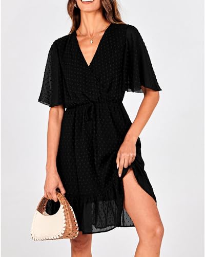 KIRUNDO Womens Summer Dresses 2026 Casual Spring Short Sleeve V Neck Ruffle Swiss Dot High Waist Belted Flowy Mini Dress, Style2-black, X-Large — view 5