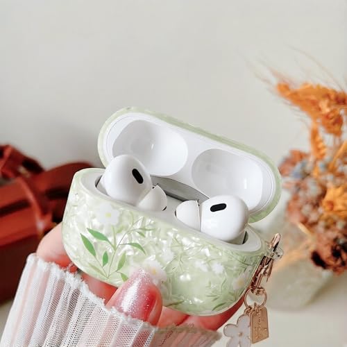 Image of MINSCOSE for Cute Glitter AirPods Pro 2nd /1st Generation Case,Shell Pattern Pretty Flower Design with Girly Floral Keychain,Soft TPU Protective Cover with Cleaner Kit for AirPods Pro /Pro 2-Green1
