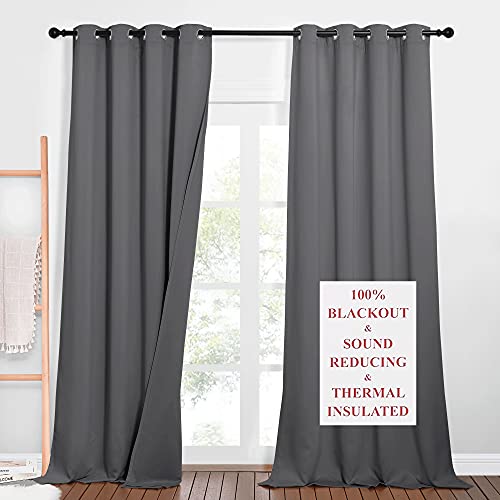 NICETOWN 3-in-1 Dampen Noise Blackout Thermal Reducing Curtains, Heavy Full Light Shading Drapes with Detachable Liner for Villa/Hall/Dorm Window（Gray, Package of 2, 52 inches Wide x 90 inch
