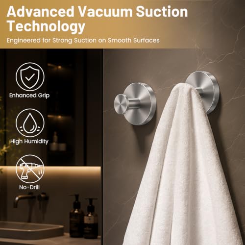 CMZVZDM Upgraded Suction Cup Hooks for Shower, No-Drill Bathroom Hooks for Hanging Towels, Robes & Loofah - Mount on Kitchen Walls, Window, Glass, Mirror, Tile & Smooth Surfaces (2 Pack, Silver Tone) — view 2