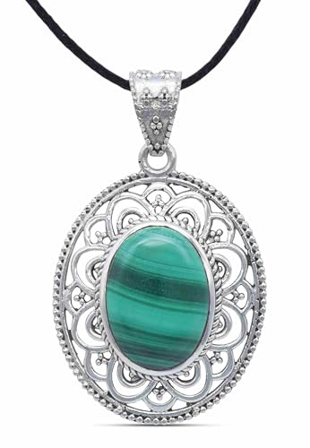 mantraroma Kettenanhänger 925 Silber Malachit grüner gestreifter Stein Edelstein Kettenanhänger Damen Sterling Silber Halskette Anhänger Geschenk (MAH-131-10)