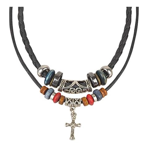 Ancient Tribe Adjustable Ethnic Hemp Leather Wood Beads Beaded Choker Necklace,Black,Cross Pendant Cover