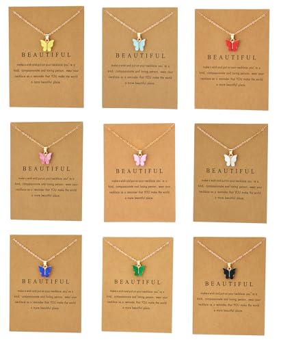 GANDC 9 pcs Colorful Butterfly Pendant Necklace for Women Bohemian Acrylic Adjustable Retro Card Clavicle Chain Insect Animal Necklace Friend Friendship Party Jewelry Gift (Golden Card Butterfly)