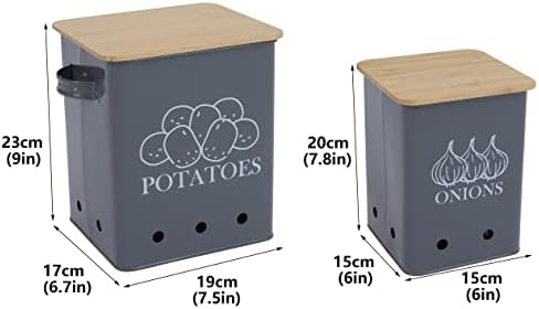 Kitchen Vegetable Storage Tins Set of 2 for Potatoes, Onion, with Wooden Lid Garlic Bin Caddy, Long Shelf Life-Grey