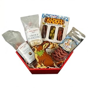 Geschenkkorb Häschen, Ostergeschenk mit Hase, Mini Salami Brezen, Snack Selection Premium Olive, italienische Salami mit Trüffel, mit Fenchel mit ca. 620 Gramm