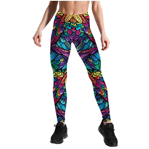F.Q Yuqee Elastic Slimming Active Print Leggings Colorful Feathers L