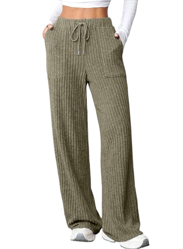 Aleumdr Womens Ribbed Wide Leg Lounge Pants with Pockets Casual Relaxed Comfy Flowy Loose Soft Lightweight Knit Pajama Sleep Pants with Drawstring for Fall Green X-Large