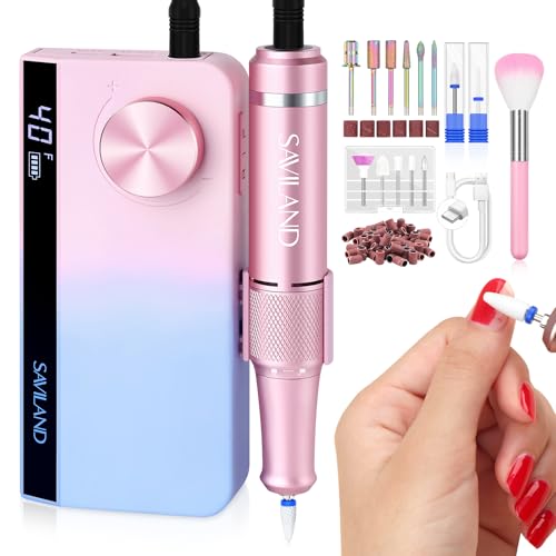 SAVILAND Portable Electric Nail Drill: 40000 RPM Rechargeable Electric Nail File for Acrylic Nails Professional with Ceramic Corn Head Nail Drill Bits for Nails Manicure Tools &amp; Pedicure Kit Salon Use