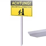 PRINTIMA Achtung Baumfällarbeiten Schild 32x21 cm zum Einschlagen, Warnhinweistafel aus Verbundplatte mit 1 m Aluprofil, UV-Druck für Waldweg, Forst, Grundstück, Garten, Park
