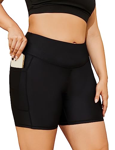 COOTRY Womens Plus Size Swim Shorts High Waisted Tummy Control Swimsuit Bottoms Board Shorts with Pockets