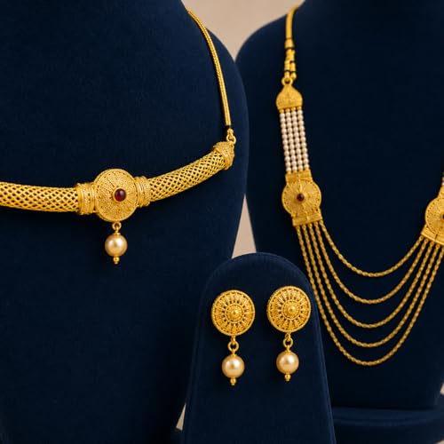 Image of ACCESSHER Women's Traditional Gold-Toned Temple Style Necklace Set with Pearl & Multi Colored Stone Earrings| Jewelry Set for Weddings, Festivals, and Special Occasions