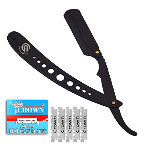 Qureshi Damascus Stainless Steel Barber Razor, Straight Razor For Men Includes Fixed Blade, Leather Sharpening Strop And Case With Colored Wood Handle For A Silky Magic Shave (Black) #TOP4