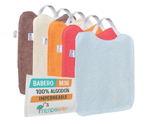 TENDS Pack de 5 Baberos Bebé impermeables con goma elástica   Baberos BLW con Rizo de Algodón Suaves y Absorbentes para Guardería   Fáciles de Poner y quitar con tejido Repelente al Líquido (MARRÓN)