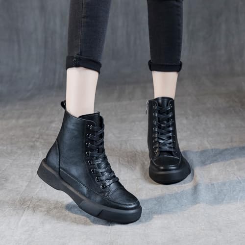 Womens Genuine Leather Lace Up Side Zipper High-Top Ankle Boots Retro Round Toe Platform Adds Height Fashion Combat Booties 5