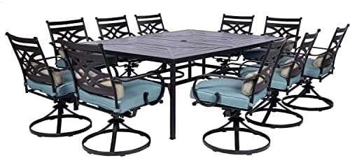 Hanover Montclair 11-Piece All-Weather Outdoor Patio Dining Set, 10 Swivel Rocker Chairs with Comfortable Seat and Lumbar Cushions, 84"x60" Stamped Rectangle Table, MCLRDN11PCSW10-BLU