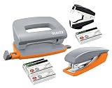 Leitz 5507 Stanz- und Lochgerät Bundle inkl. Aufbewahrungsklammern und Klammerentferner Komplettset (grau/orange)