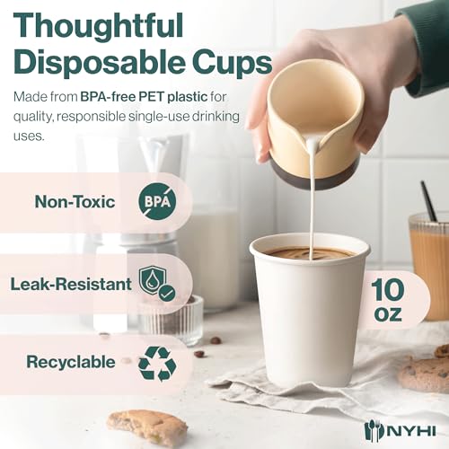 Image of NYHI 10oz Disposable Paper Cups - For Hot & Cold Drinks, Espresso, Tea, Juice, Water & More - Plain, Writable Surface Ideal for Cafes, Office & Events - Fits Most Coffee Machines, 300 pcs. - White