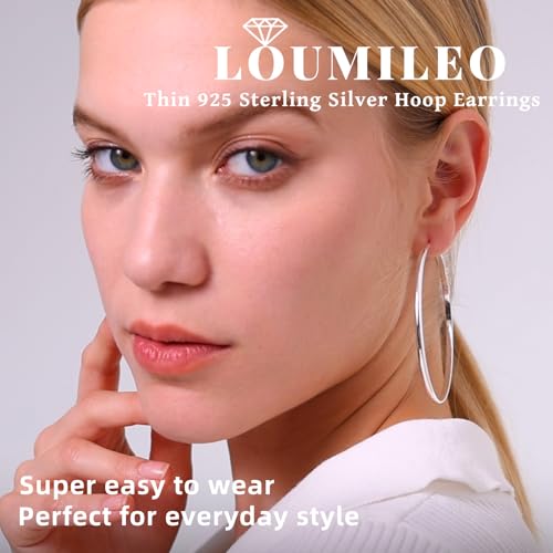 LOUMILEO 3mm Thin 925 Sterling Silver & 14k Gold Hoop Earrings Large Silver Hoop Earrings for Women Hypoallergenic Lightweight Hoops Earrings for Women 30/40/50/65MM4