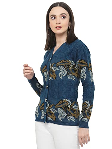 Image of Kalt Women Sweater for Winter Woolen Acrylic Full Sleeves V Neck Floral Design Cardigan Sweater for Women