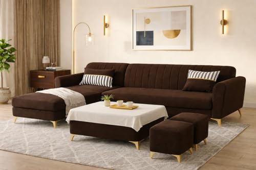 Image of Adorn India Premium Luster 8 Seater L Shape Sofa Set with 2 Puffy & 1 Center Table | Velvet Suede Fabric | 3-Year Warranty | LHS | Brown with Golden Legs & Striped Pattern Cushion