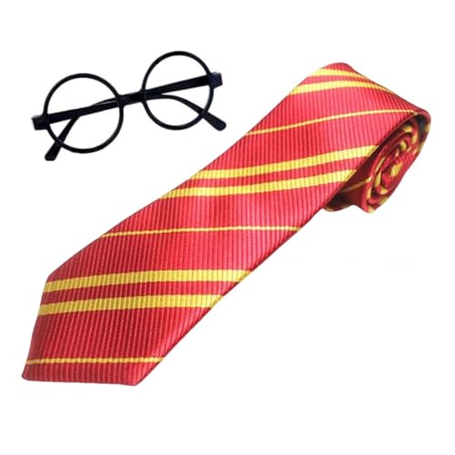 VYNZOR 1 Krawatte und Brille Set im School Design, Ideal für Karneval, Cosplay Events, Halloween und Thematische Events, Striped Tie mit Schwarzer Rahmen für Herren und Jungen