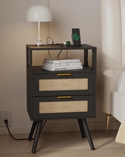 Image of JOONEE Rattan Nightstand with Charging Station,Farmhouse Bedside Table with 2 Storage Drawer and Open Wood Shelf, for Bedroom and Small Spaces,Night Stand with Solid Wood Legs (Black-Outlet)