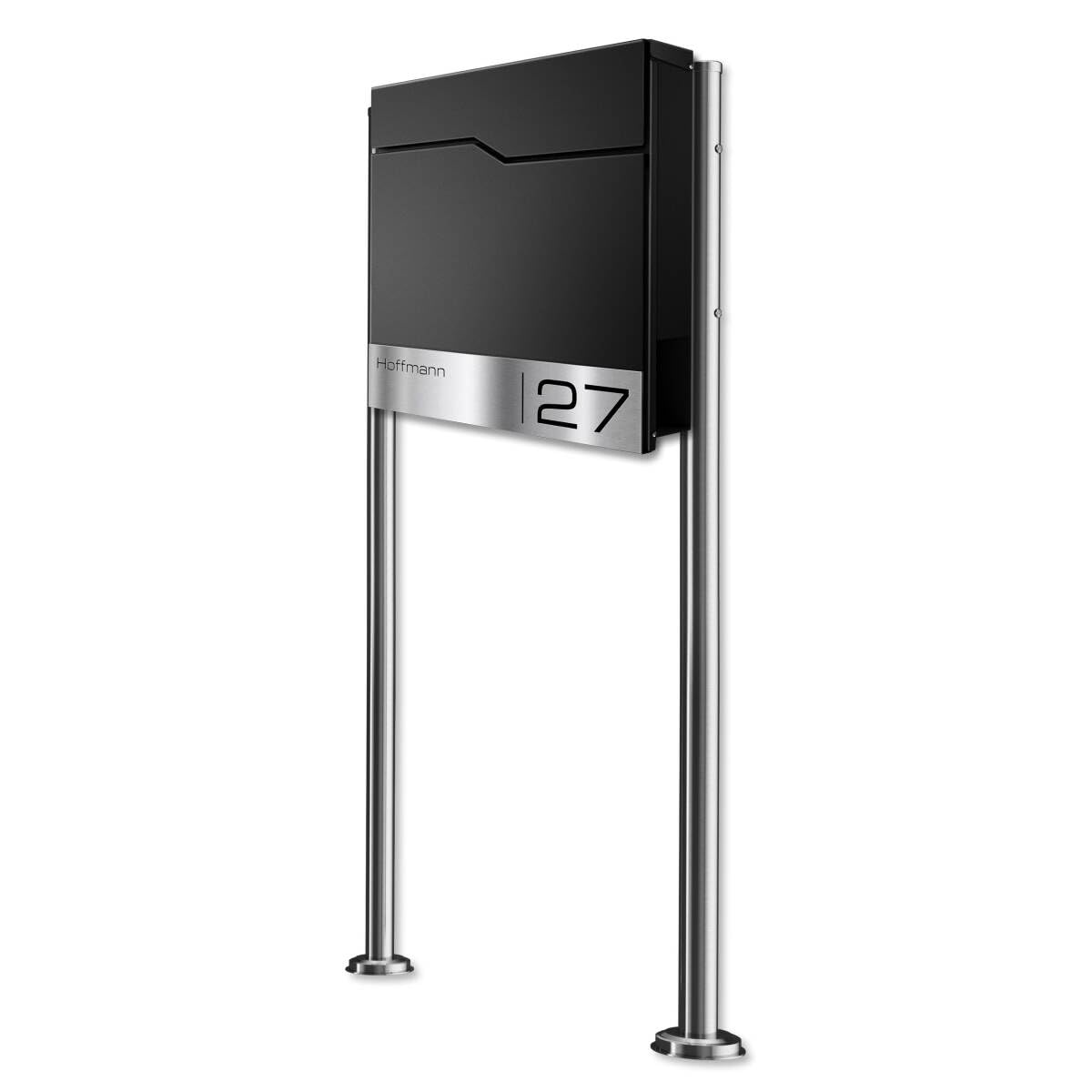 Metzler Briefkasten mit Pfosten in RAL 9005 Tiefschwarz Enno - Standbriefkasten mit V2A Edelstahl Namensschild & Zeitungsfach - Briefkasten mit Gravur - Postkasten, Größe: 37 x 37 x 10,5 cm