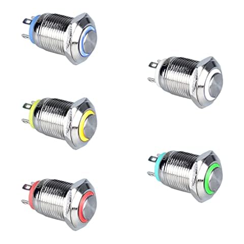 DMWD 5pcs 12mm Metal Waterproof Momentary Push Button Switch High Round Cap Silver Shell 1/2" Mounting Hole 12V-24V (ON)-Off 4Pins 1NO Halo Ring Mix Color (Blue/Red/Green/Yellow/White) Cover