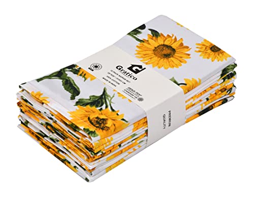 [20X20] Cloth Napkins Set Of 12 Cotton, Dinner Napkins Cloth Washable, Sunflower Print Premium Over Sized Cloth Napkins With Mitered Corners, Ultra Soft, Durable Hotel Quality #TOP16