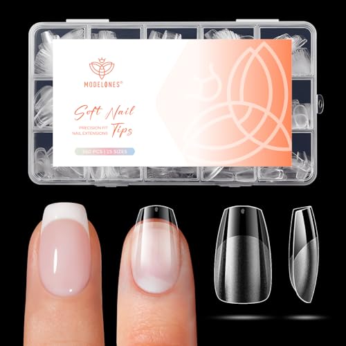 modelones Extra Short Coffin Gel Nail Tips, 360pcs Pre-etched Clear Fake Nails Press On Full Cover Half Matte 15 Sizes Acrylic Gel Tips for Extension Salon