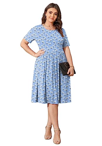 Image of POSESHE Womens Plus Size Summer Dress 2026 Casual Short Sleeve Empire Waist Loose Fit Swing T-Shirt Dress with Pockets